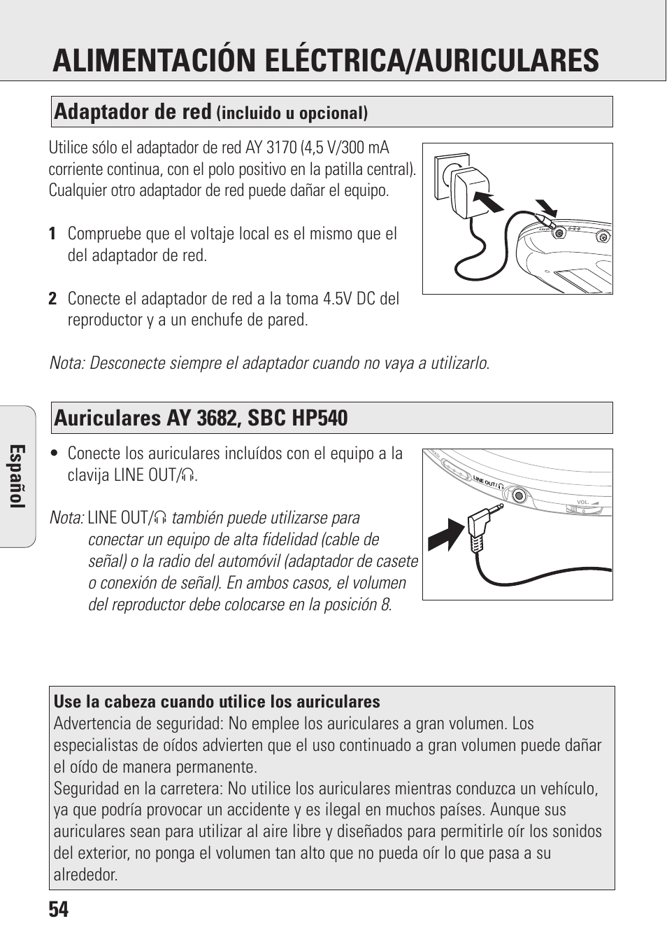 Alimentación eléctrica/auriculares, Adaptador de red, Espa ñ ol | Incluido u opcional) | Philips AZ9143 User Manual | Page 54 / 70