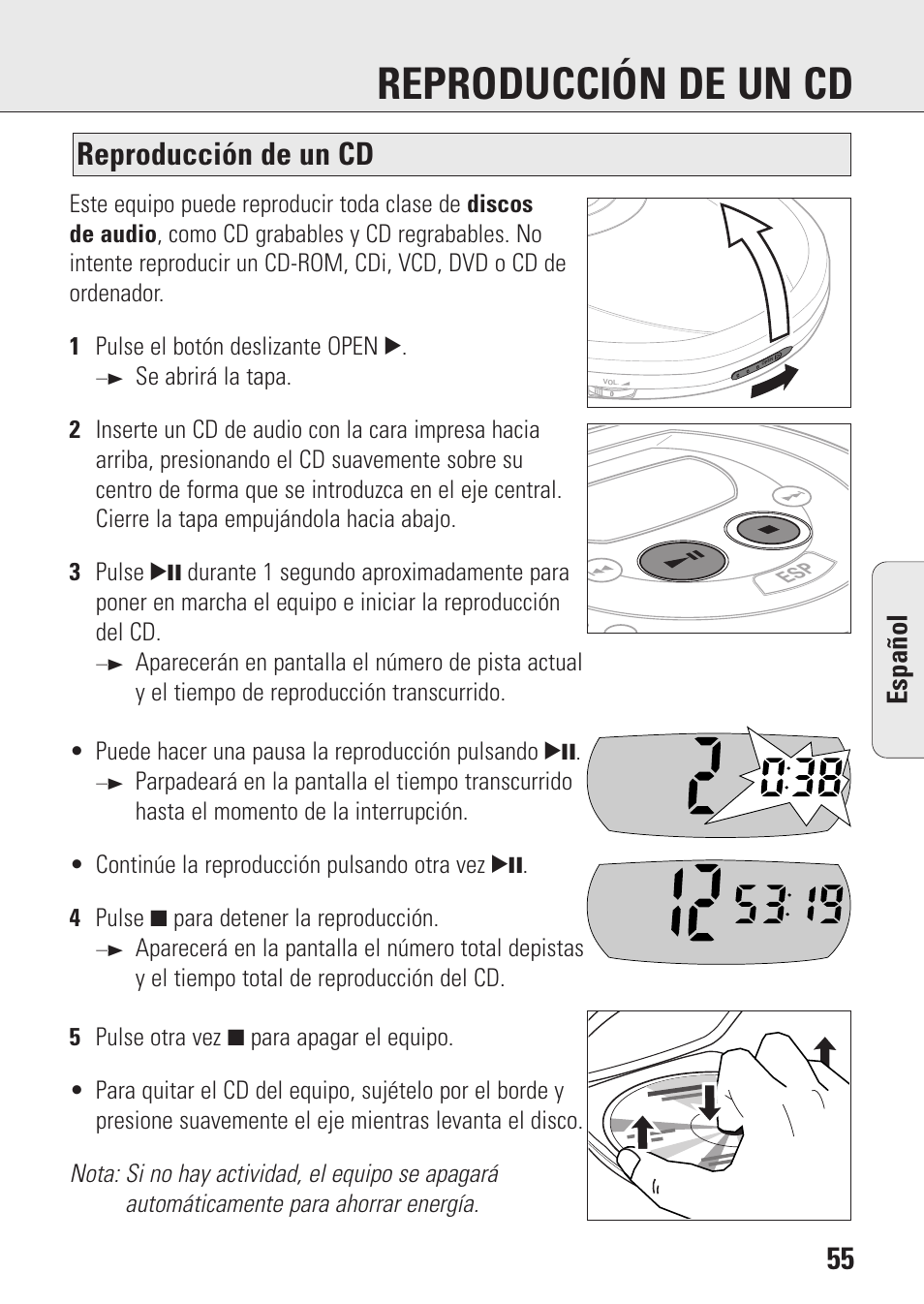 Reproducción de un cd, Espa ñ ol | Philips AZ9143 User Manual | Page 55 / 70