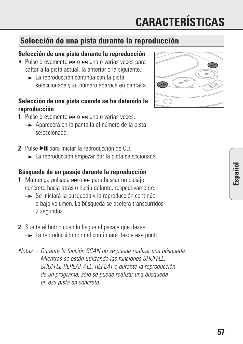 Características, Selección de una pista durante la reproducción | Philips AZ9143 User Manual | Page 57 / 70