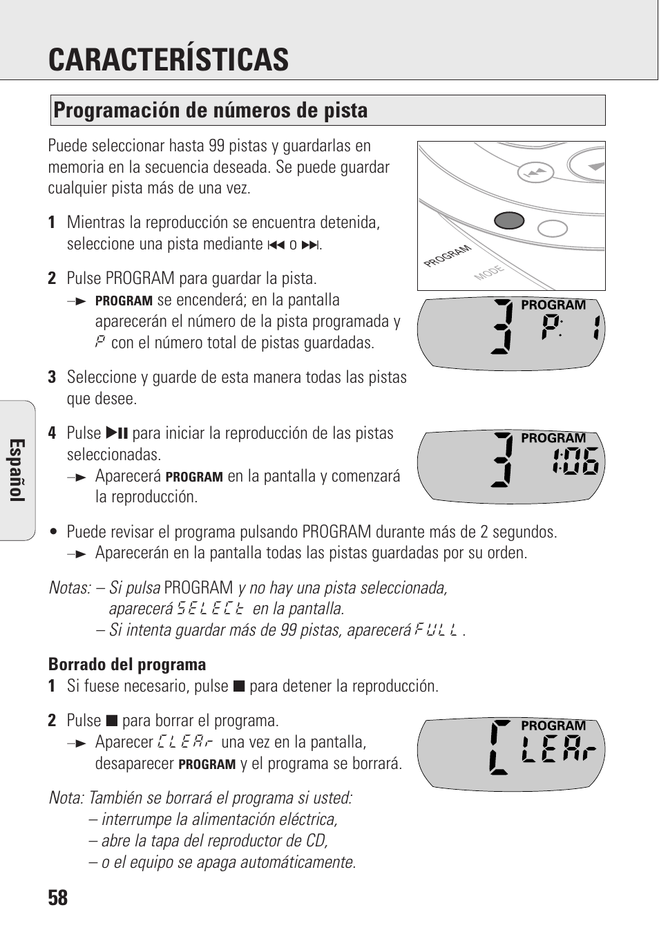 Características, Programación de números de pista, Espa ñ ol | Philips AZ9143 User Manual | Page 58 / 70