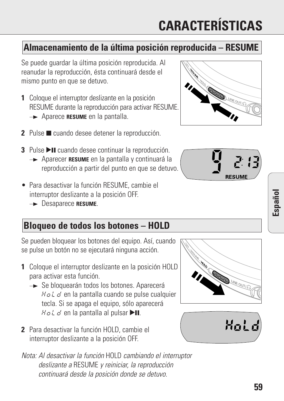 Características, Bloqueo de todos los botones – hold, Espa ñ ol | Aparece, Aparecer, Desaparece | Philips AZ9143 User Manual | Page 59 / 70