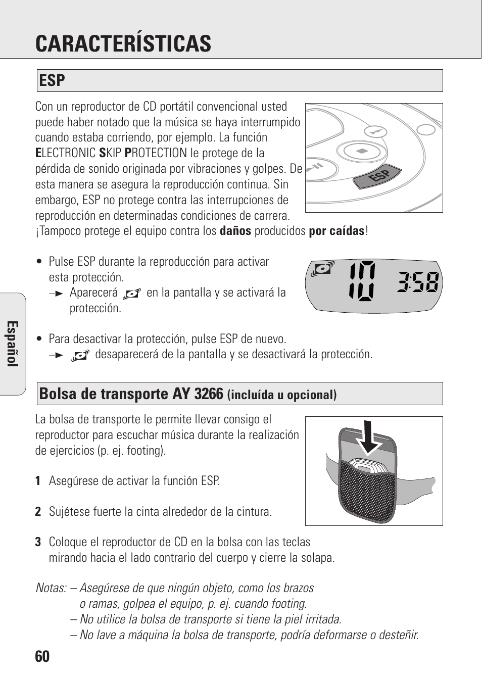 Características, Bolsa de transporte ay 3266 | Philips AZ9143 User Manual | Page 60 / 70