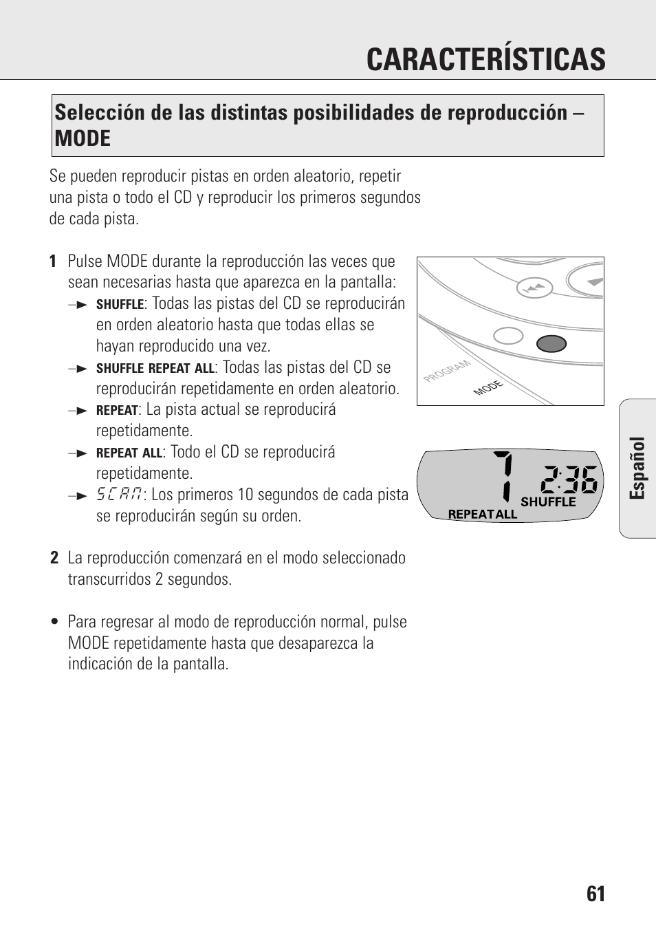 Características, Espa ñ ol | Philips AZ9143 User Manual | Page 61 / 70