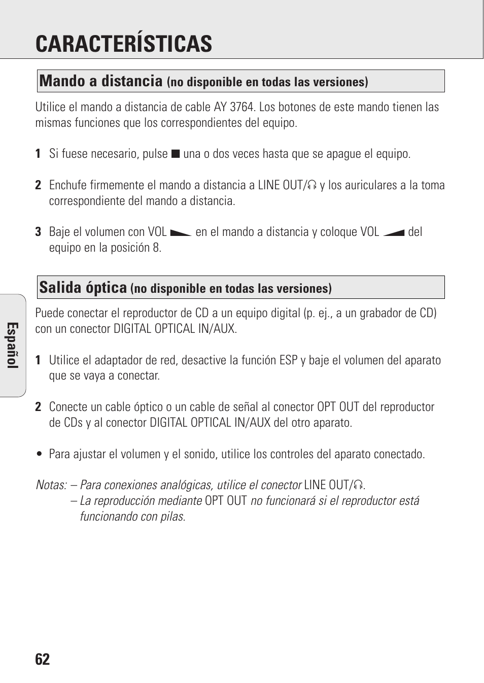 Características, Salida óptica, Mando a distancia | Philips AZ9143 User Manual | Page 62 / 70