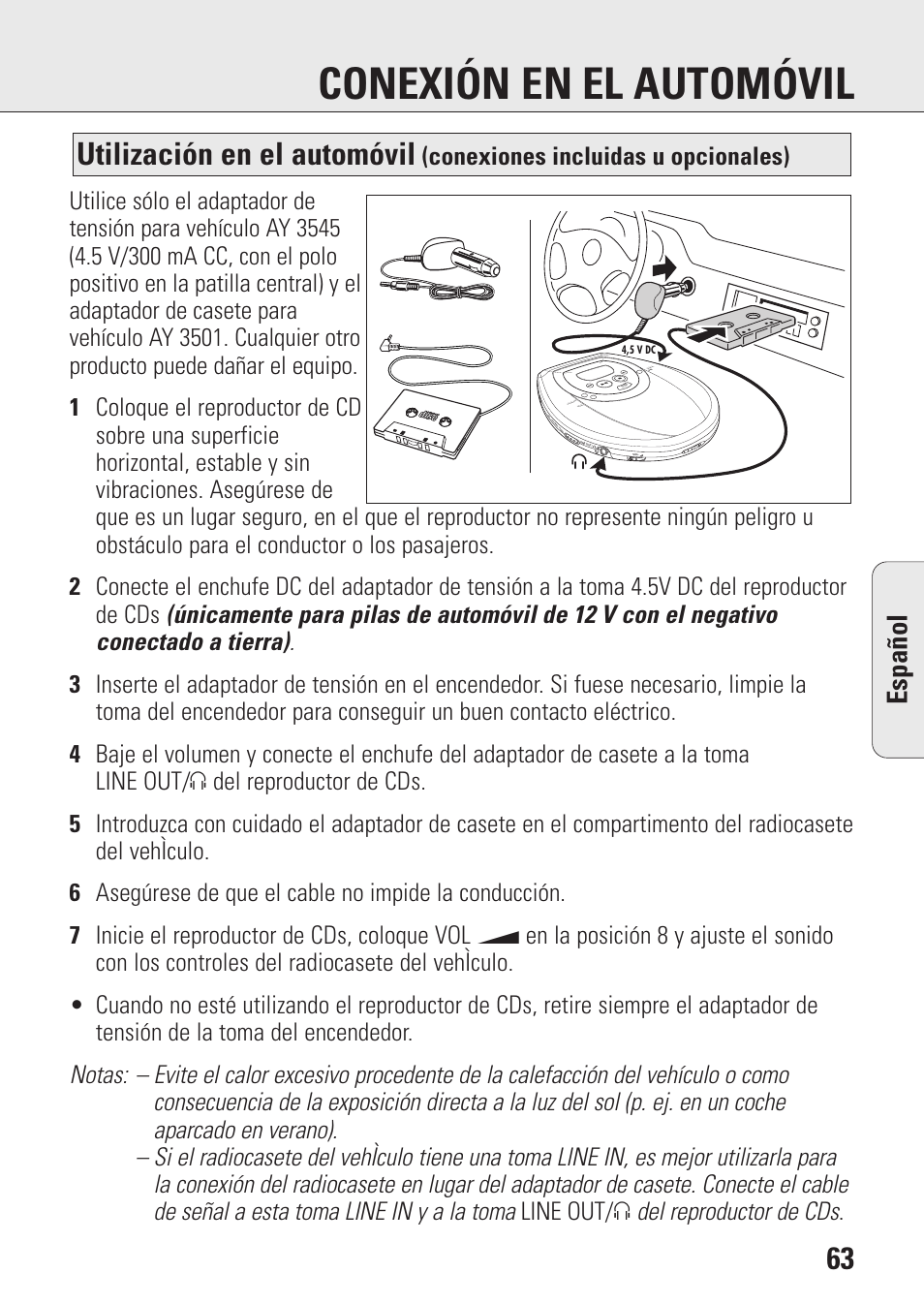 Conexión en el automóvil, Utilización en el automóvil, Espa ñ ol | Conexiones incluidas u opcionales) | Philips AZ9143 User Manual | Page 63 / 70