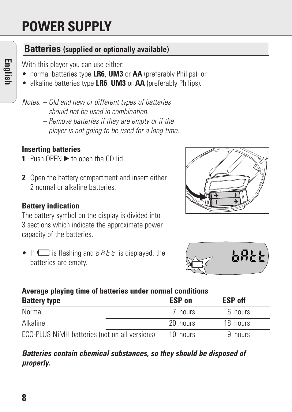 Power supply, Batteries | Philips AZ9143 User Manual | Page 8 / 70