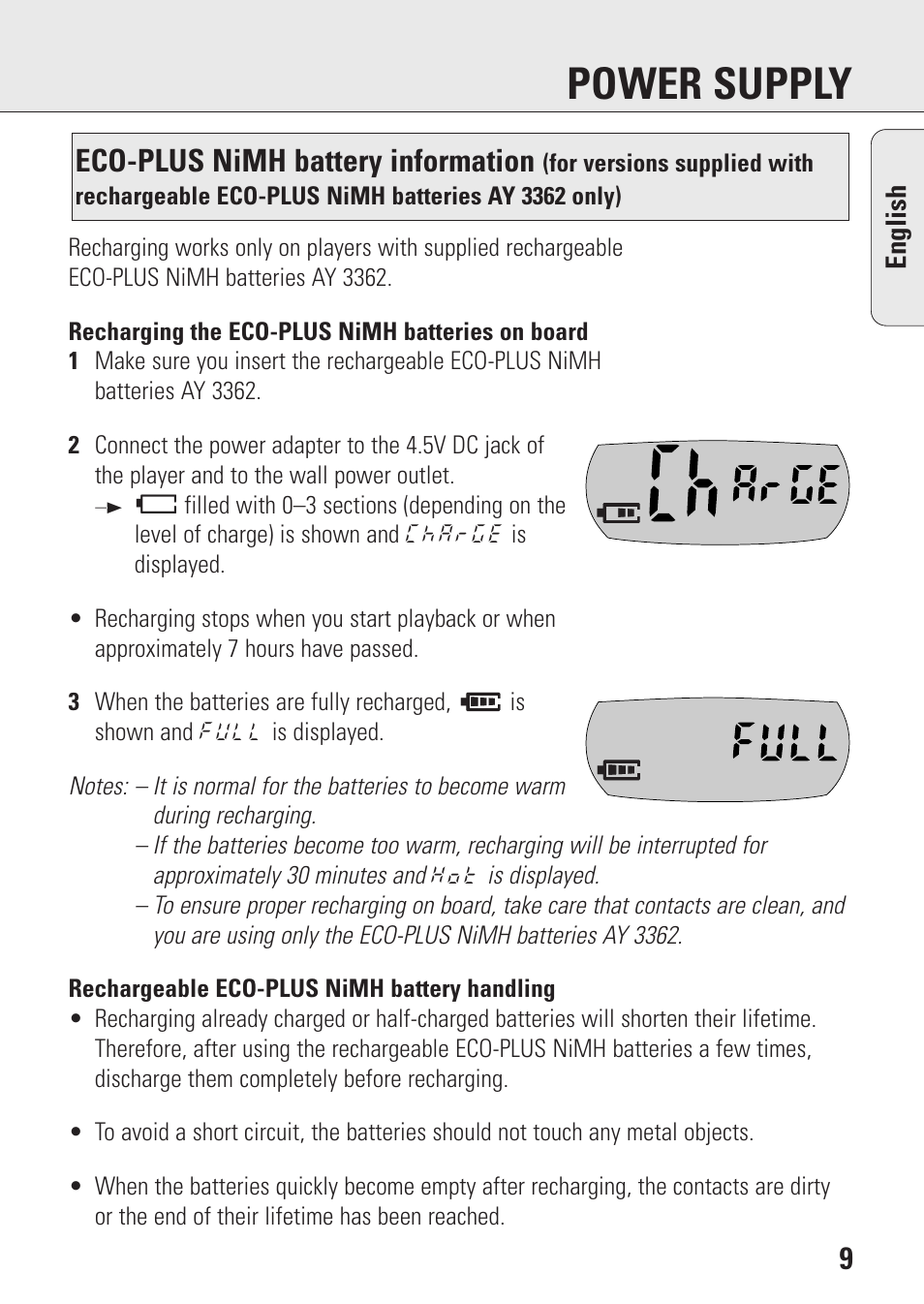 Power supply, Eco-plus nimh battery information | Philips AZ9143 User Manual | Page 9 / 70