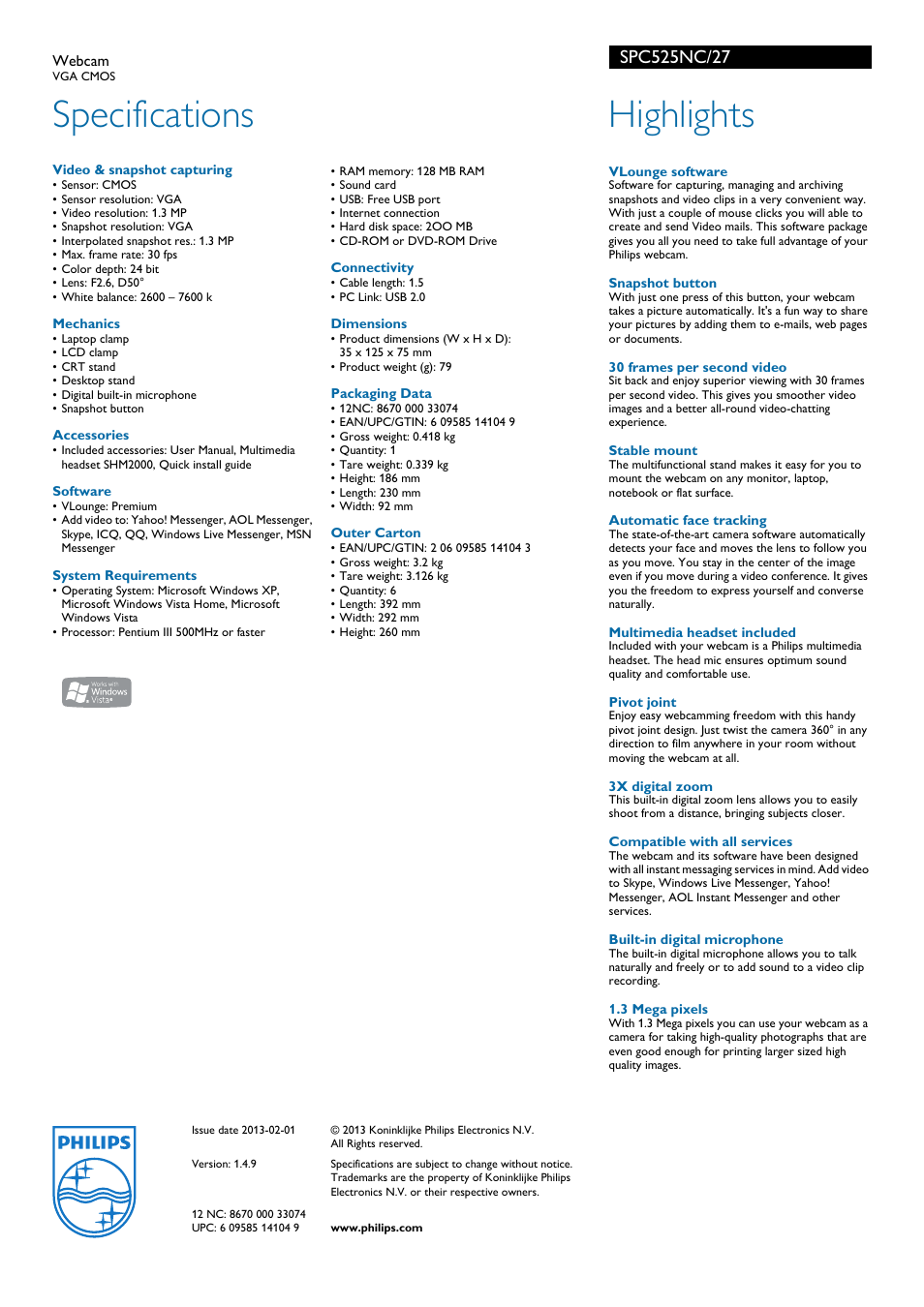 Specifications, Highlights | Philips PC525NC User Manual | Page 2 / 2