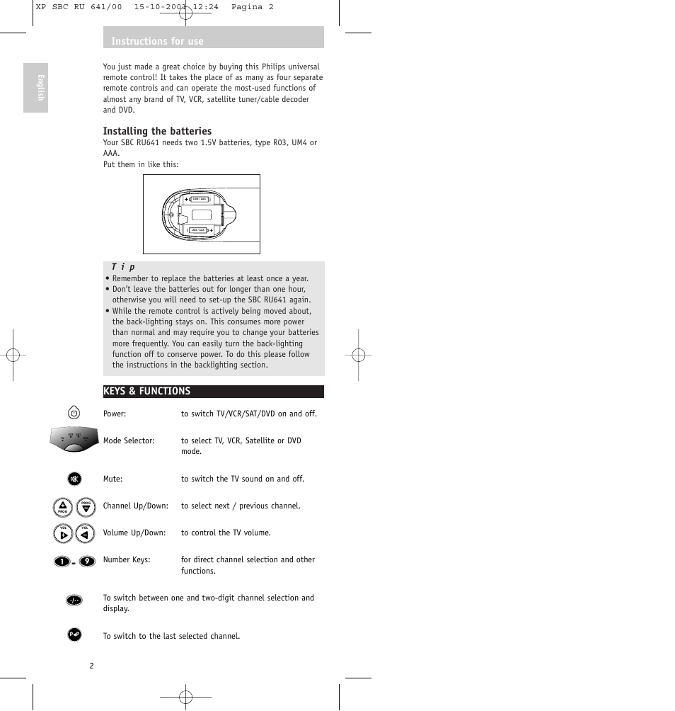 Installing the batteries, Keys & functions, Instructions for use | Philips SBC RU641/00 User Manual | Page 2 / 80