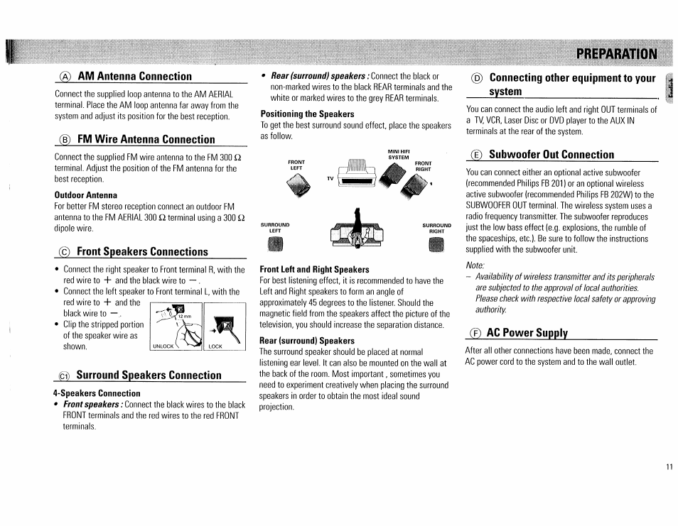 Am antenna connection, Wire antenna connection, C) front speakers connections | Surround speakers connection, Connecting other equipment to your system, Subwoofer out connection, Ac power supply, Preparation | Philips FW62C User Manual | Page 11 / 80