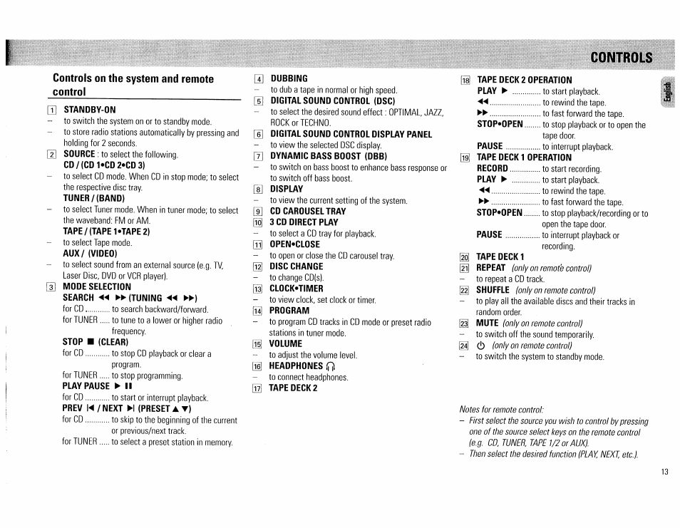 Tape deck 2 operation, Tape deck 1 operation, Tape deck 1 | Controls | Philips FW62C User Manual | Page 13 / 80