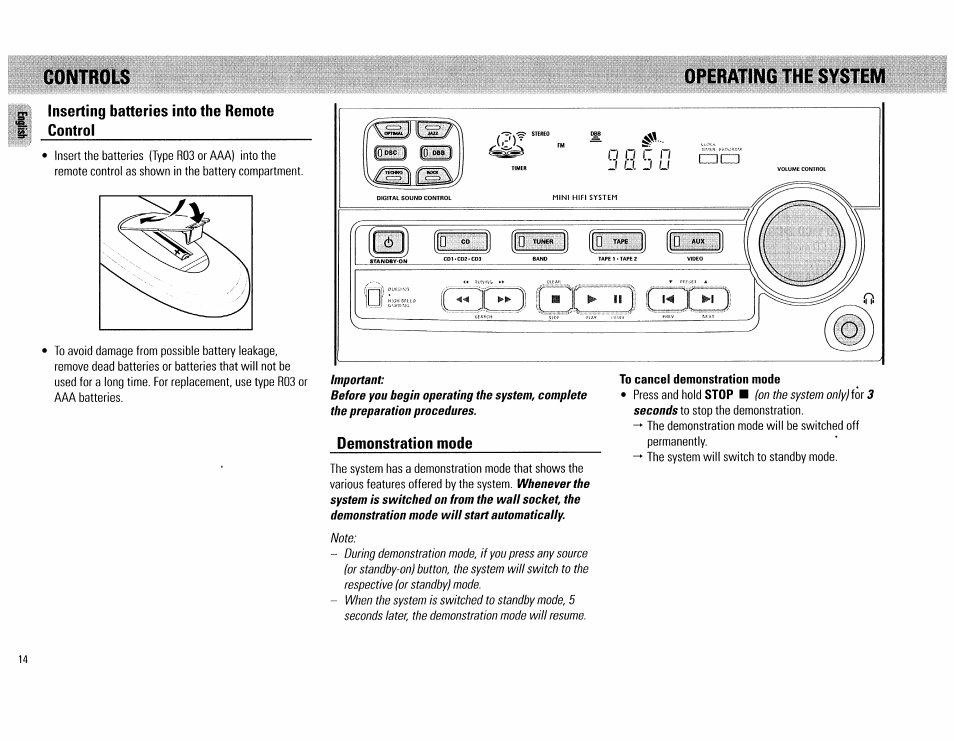 Inserting batteries into the remote control, Demonstration mode, Controls operating the system | Philips FW62C User Manual | Page 14 / 80