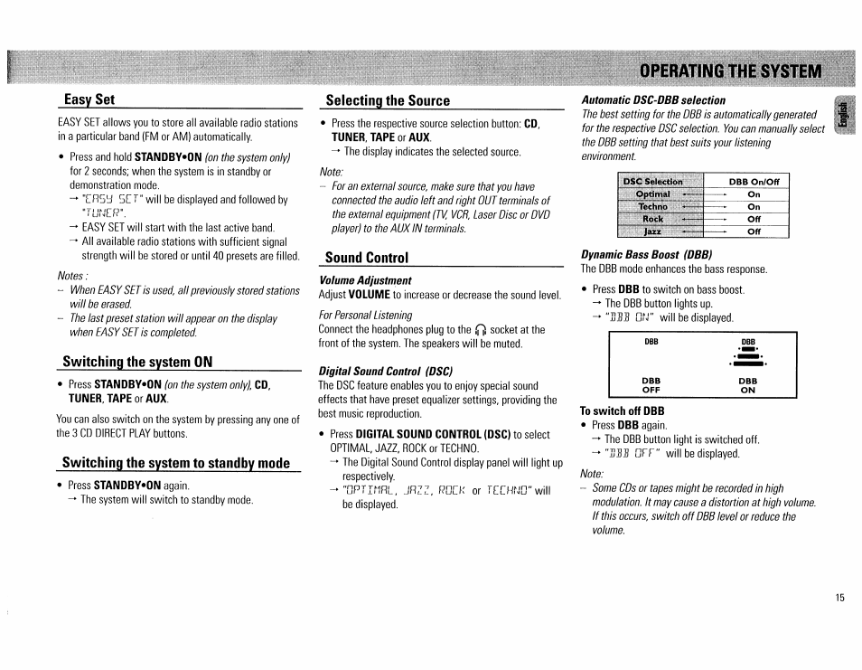Easy set, Switching the system on, Switching the system to standby mode | Selecting the source, Sound control, To switch off dbb, Operating the system | Philips FW62C User Manual | Page 15 / 80