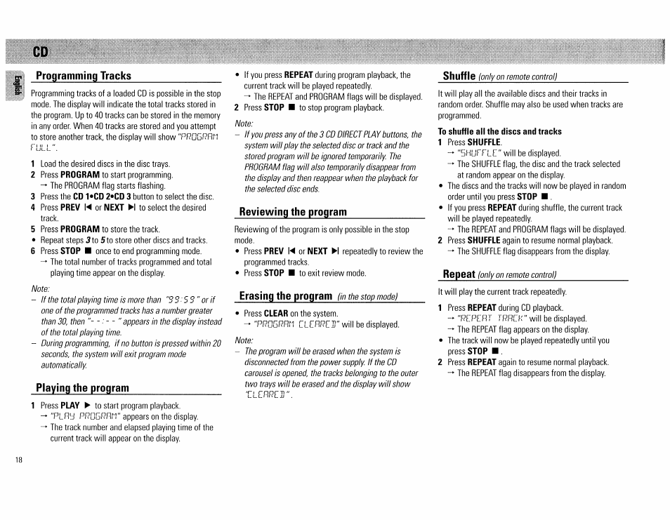 Programming tracks, Playing the program, Reviewing the program | Erasing the program (in the stop mode), To shuffle all the discs and tracks, Erasing the program, Shuffle | Philips FW62C User Manual | Page 18 / 80