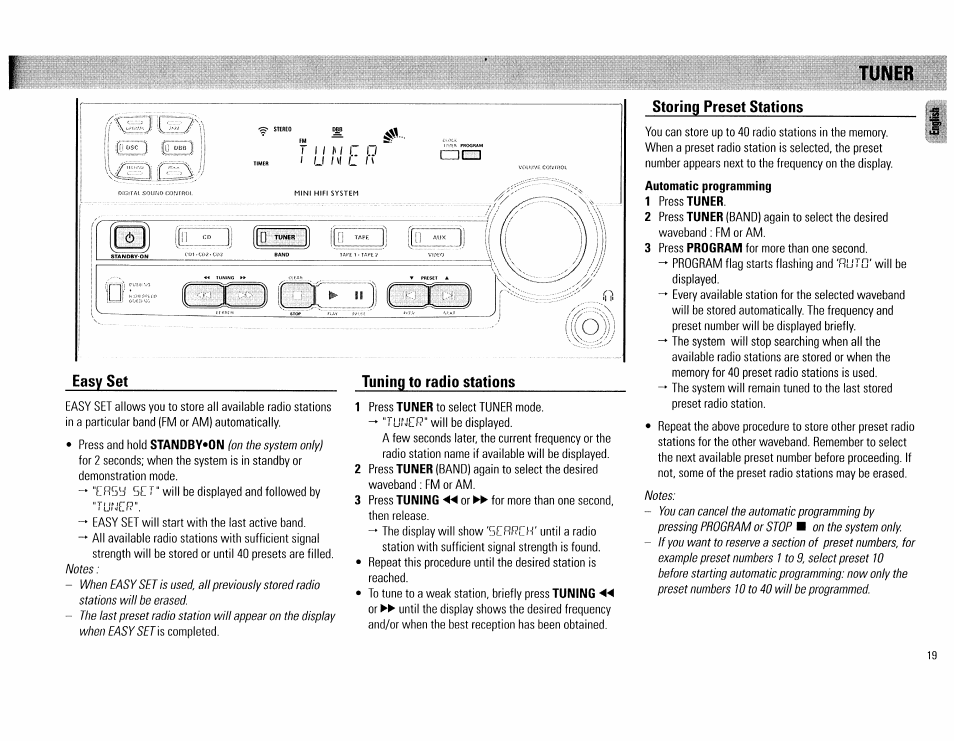 Easy set, Tuning to radio stations, Storing preset stations | Tuner | Philips FW62C User Manual | Page 19 / 80