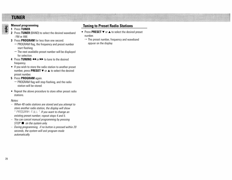 Manual programming, Tuning to preset radio stations, Tuner | Philips FW62C User Manual | Page 20 / 80