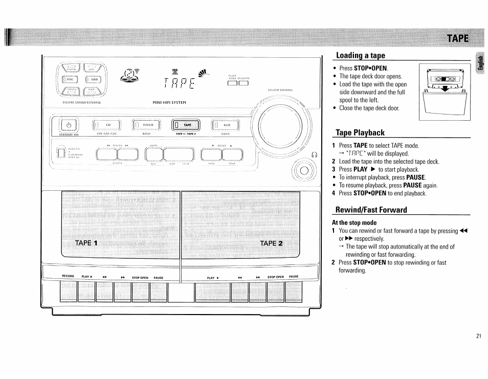 Loadina a tape, Press st0p*0pen, Tape playback | Rewind/fast forward, At the stop mode, Tape playback rewind/fast forward, Tape | Philips FW62C User Manual | Page 21 / 80