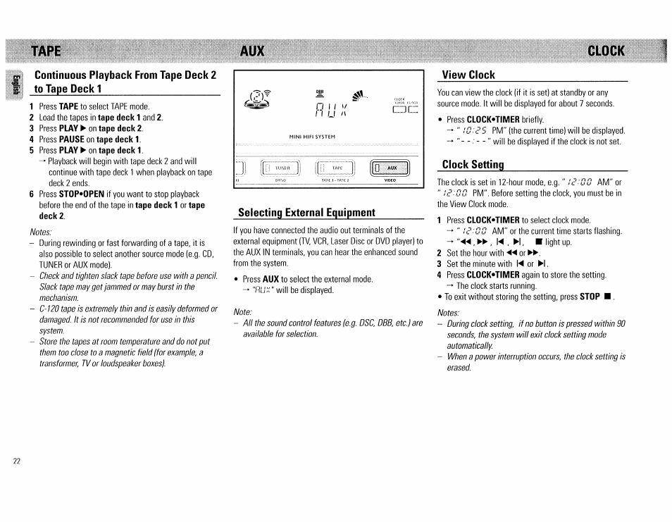 3 press play ► on tape deck 2, 4 press pause on tape deckl, Selecting external equipment | View clock, Clock setting, Aux clock | Philips FW62C User Manual | Page 22 / 80