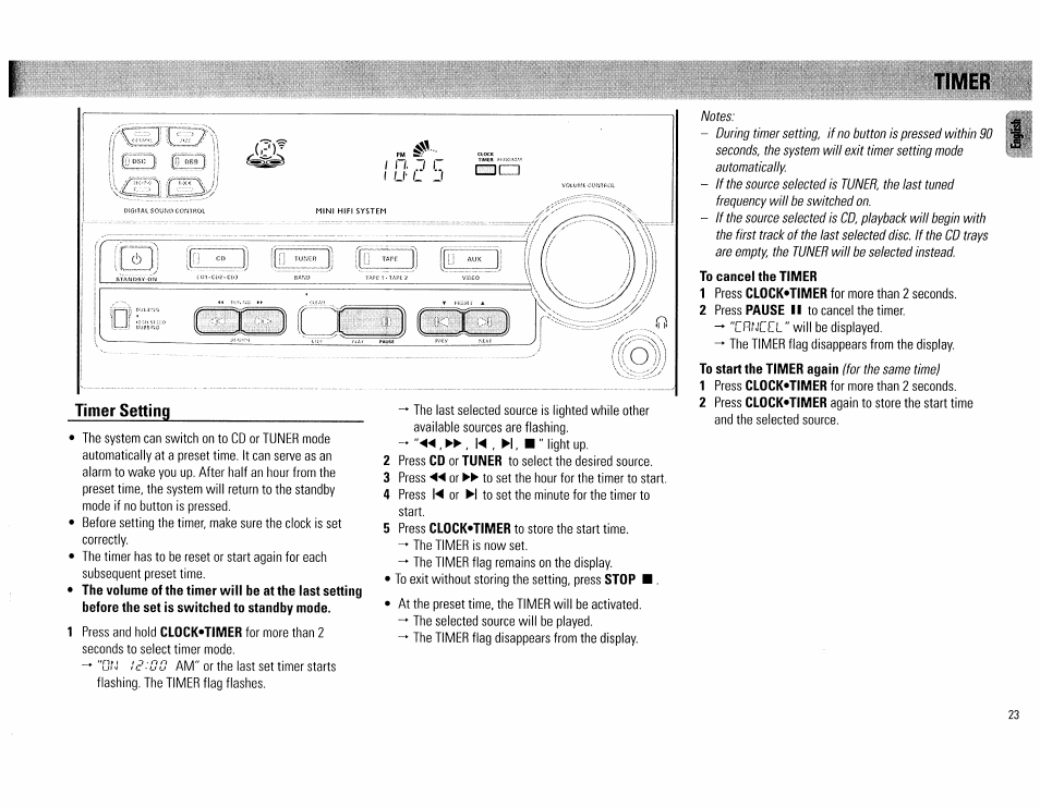 To cancel the timer, Timer | Philips FW62C User Manual | Page 23 / 80