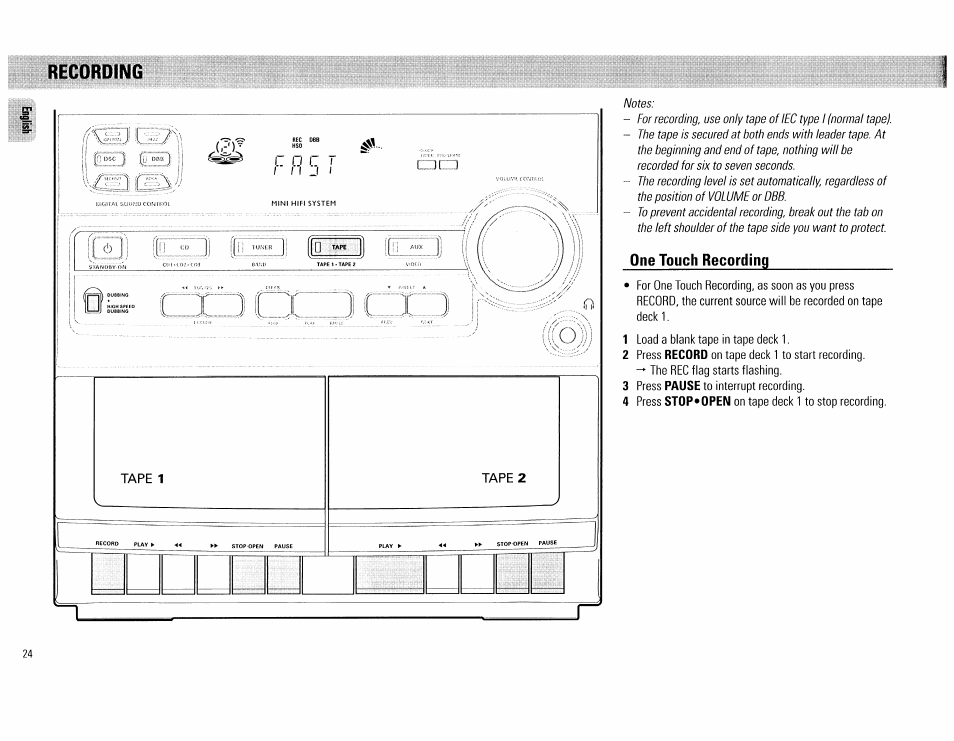 One touch recording, Recording | Philips FW62C User Manual | Page 24 / 80