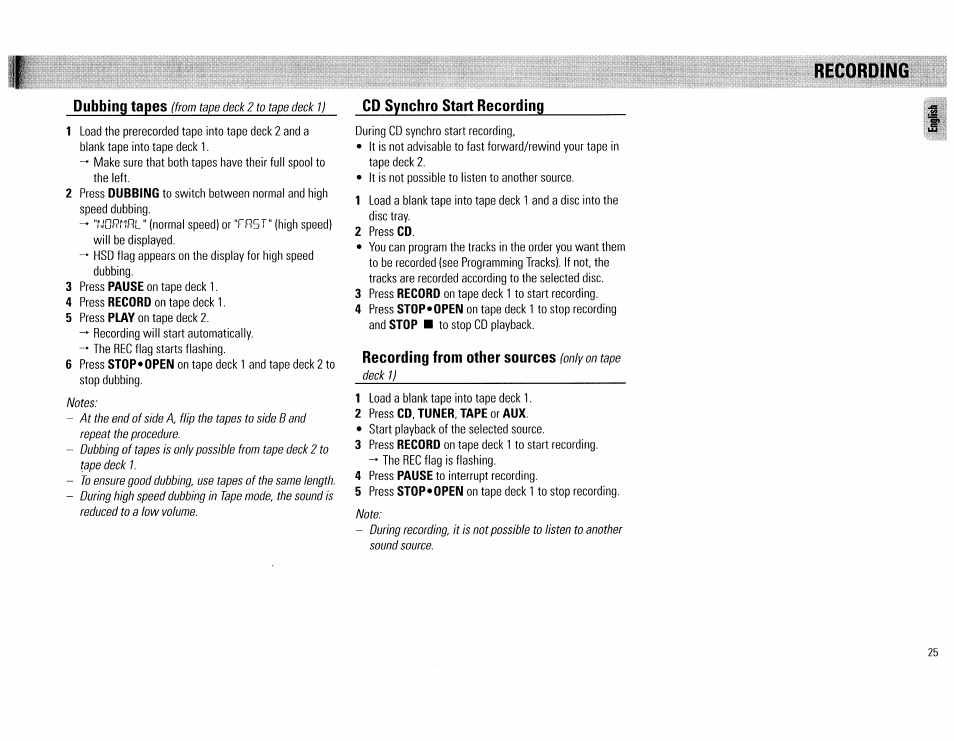 Recording from other sources (only on tape deck i), Dubbins tapes, Cd syucbro start recofdins | Recording from other sources, Recording | Philips FW62C User Manual | Page 25 / 80