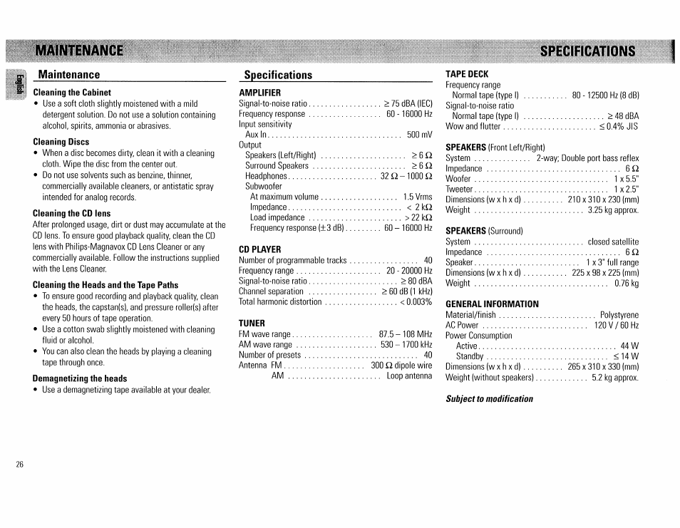 Maintenance, Specifications, Srecifications | Philips FW62C User Manual | Page 26 / 80