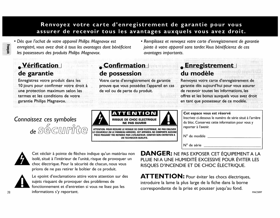 Vénficatîôn, De garantie, Confirmation | De possession, Enregistrennent, Du modèle, Danger, Attention, Connaissez ces symboles de | Philips FW62C User Manual | Page 28 / 80
