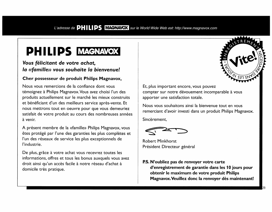 Philips, Magnavox, L'adresse de | Philips FW62C User Manual | Page 29 / 80