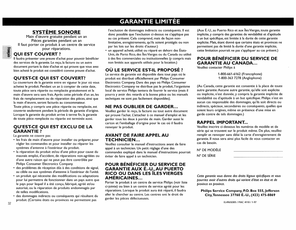 Systeme sonore, Garantie limitee | Philips FW62C User Manual | Page 32 / 80