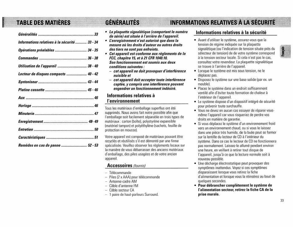 Informations relatives à tenvironnement, Accessoires, Informations relatives | La sécurité | Philips FW62C User Manual | Page 33 / 80