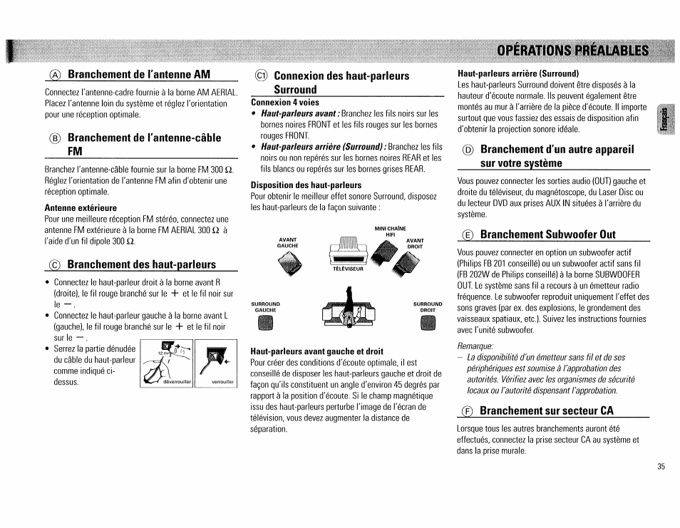 Branchement de l'antenne am, Branchement de l'antenne-câble fm, Branchement des haut-parleurs | Connexion des haut-parleurs surround, Branchement d'un autre appareil sur votre système, Ë) branchement subwoofer out, Branchement sur secteur ca, Opérations bréaiabilâ | Philips FW62C User Manual | Page 35 / 80
