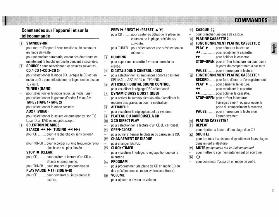 Prev n / next h (preset a t), Dubbing, Digital sound control (dsc) | Afficheur digital sound control, Dynamic bass boost (dbb), Afficheur, Clock«timer, Program, M casque iti, Qg fonctionnement platine cassehe 2 | Philips FW62C User Manual | Page 37 / 80