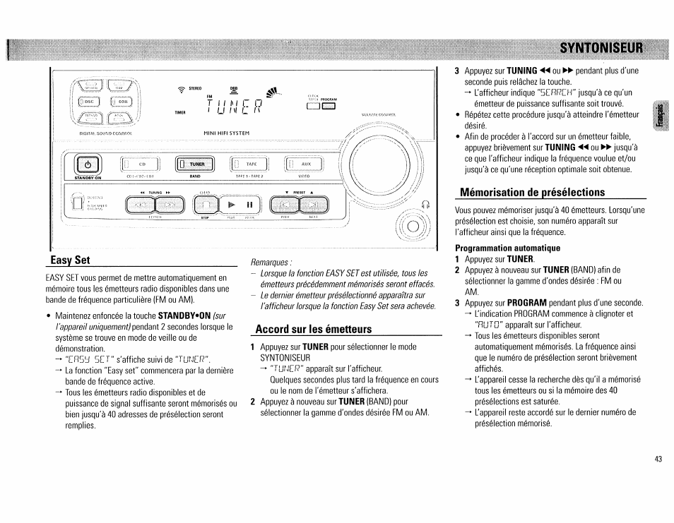 Easy set, Accord sur les émetteurs, Mémorisation de présélections | Syntoniseur | Philips FW62C User Manual | Page 43 / 80