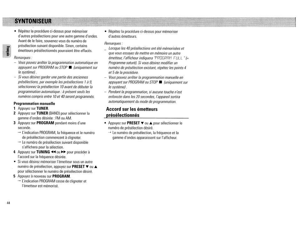 Accord sur les émetteurs présélectionnés, Syntoniseur | Philips FW62C User Manual | Page 44 / 80