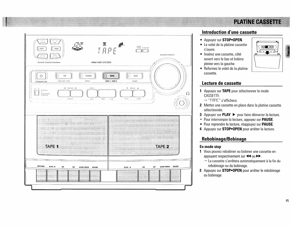 Introduction d'une cassette, Lecture de cassette, Rebobinage/bobinage | En mode stop, Platine cassehe | Philips FW62C User Manual | Page 45 / 80
