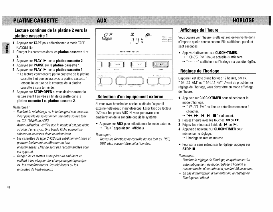 Sélection d*un équipement externe, Affichage de l'heure, Réglage de l'horloge | Putine cassehe aux horloge | Philips FW62C User Manual | Page 46 / 80