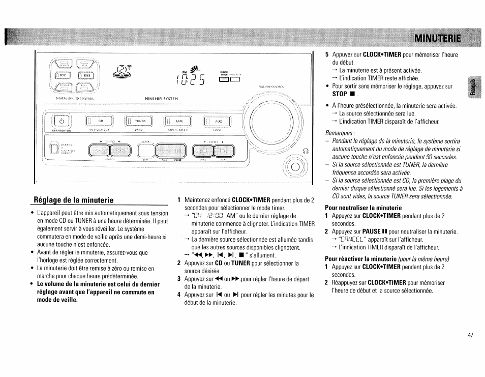 Réglage de la minuterie, Pour neutraliser la minuterie, Minuterie | Philips FW62C User Manual | Page 47 / 80
