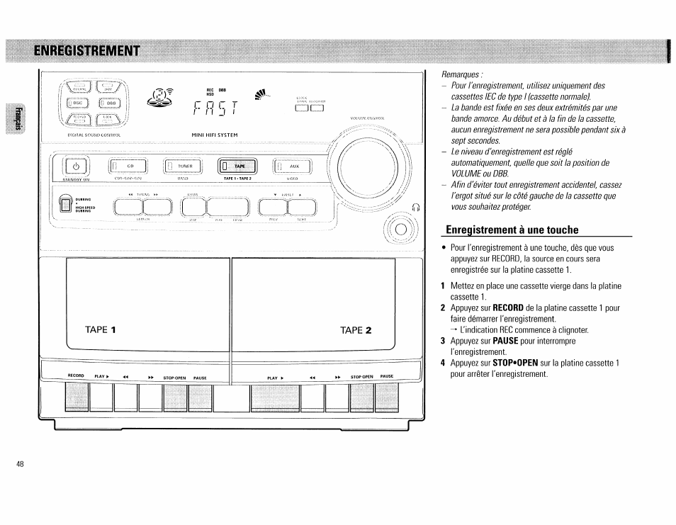 Enregistrement à une touche, Enregistrement | Philips FW62C User Manual | Page 48 / 80