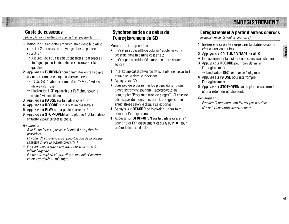 Copie de cassettes, Synchronisation du début de l'enregistrement du cd, Enregistrement à partir d'autres sources | Partir d'autres sources, Enregistrement | Philips FW62C User Manual | Page 49 / 80