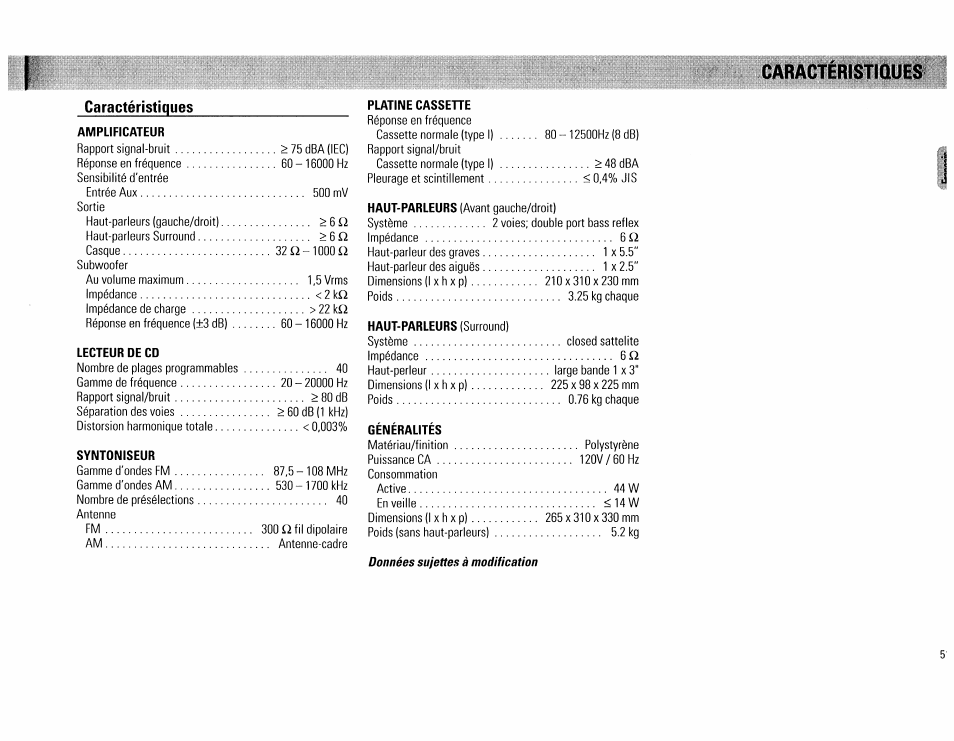 Caractéristiques | Philips FW62C User Manual | Page 51 / 80