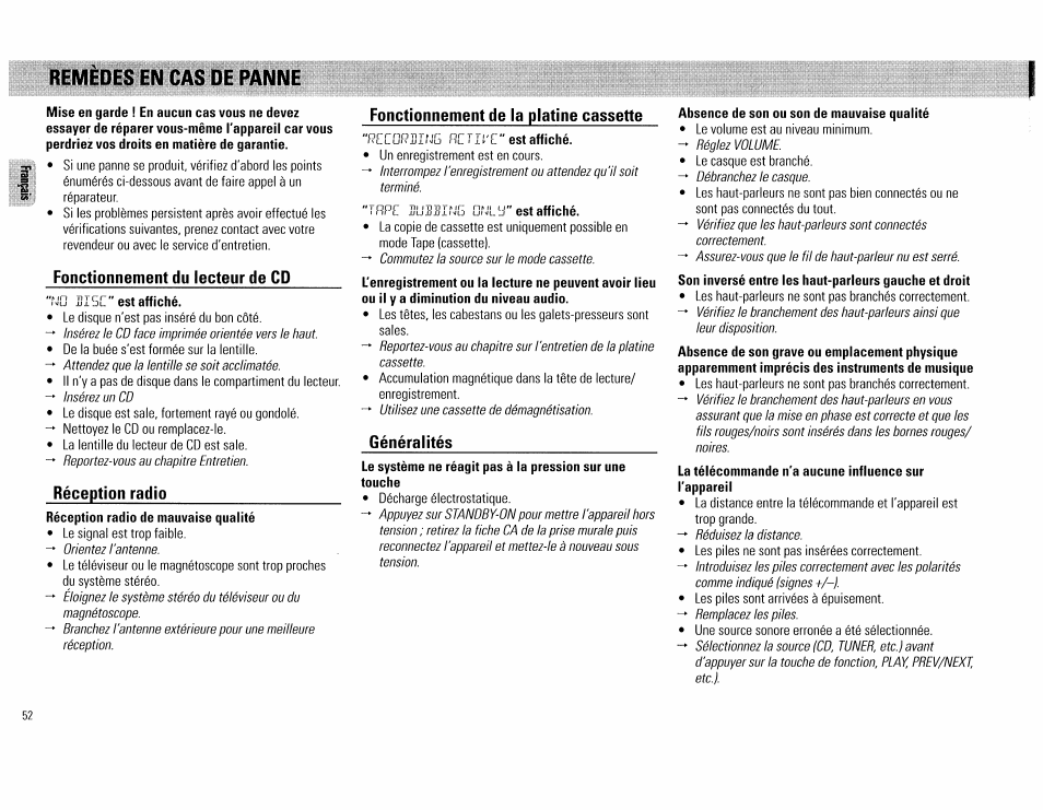 Fonctionnement du lecteur de cd, Réception radio, Fonctionnement de la platine cassette | Généralités, Remèdes en cas de panne | Philips FW62C User Manual | Page 52 / 80