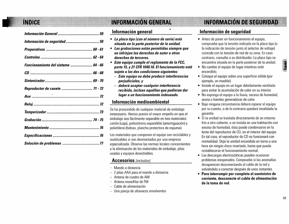 Información general, Información medioambiental, Accesorios | Información de seguridad, Índice | Philips FW62C User Manual | Page 59 / 80