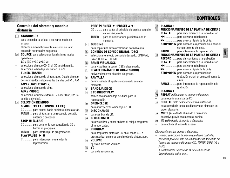 Controles del sistema y mando a distancia, U standby-on, Tuner/(band) | Aux/ (video), 3] selección de modo, Stop ■ (clear), Play pause ► il, Prev !◄ / next h (presetat), Dubbing, Pantalla | Philips FW62C User Manual | Page 63 / 80