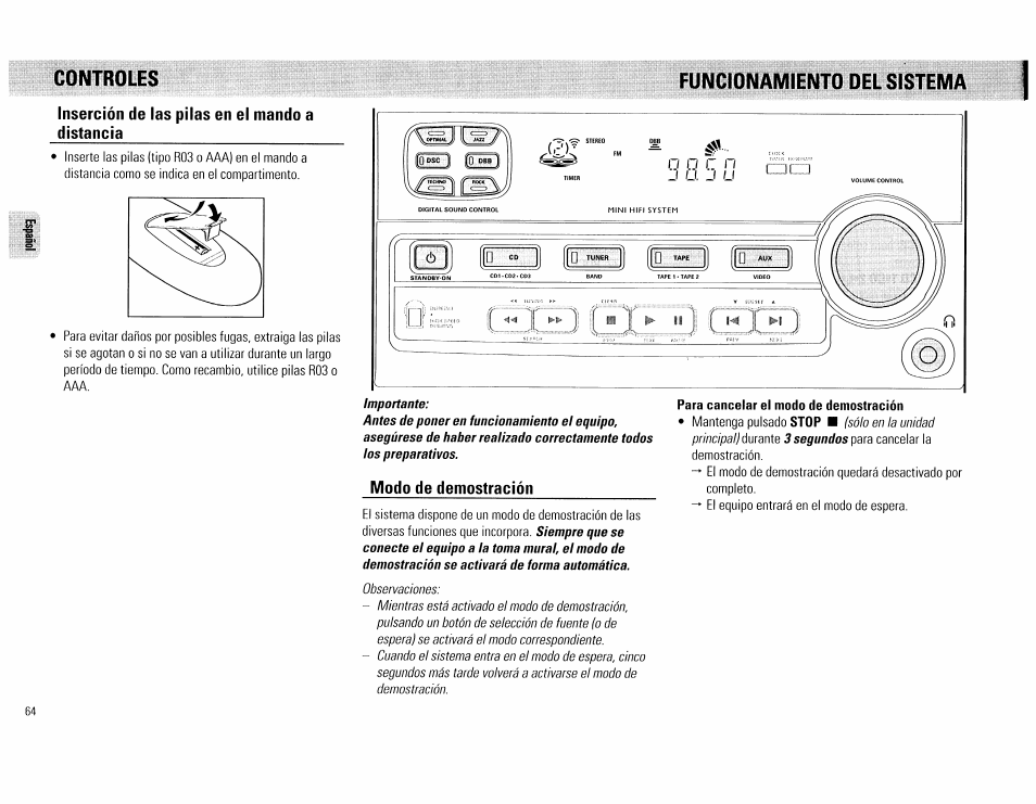 Inserción de las pilas en el mando a distancia, Modo de demostración, Controles funcionamiento del sistema | Philips FW62C User Manual | Page 64 / 80