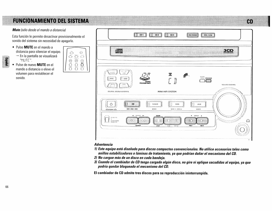 О ! ! ), Funciiínamiento del sistema, Mute | Philips FW62C User Manual | Page 66 / 80