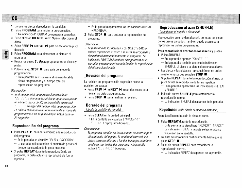 Reproducción del programa, Revisión del programa, Borrado del programa | Reproducción al azar (shuffle), Rupotición | Philips FW62C User Manual | Page 68 / 80