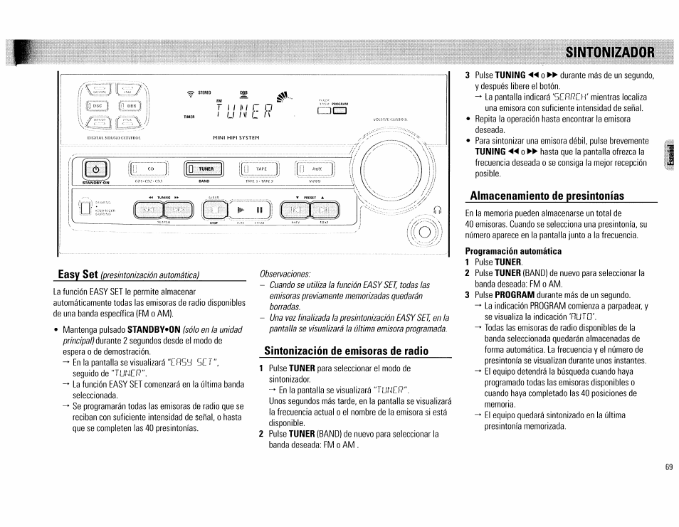 Sintonización de emisoras de radio, Almacenamiento de presintonías, Easy s6t | Sintonizador | Philips FW62C User Manual | Page 69 / 80