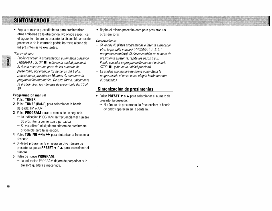 Sintonización de presintonías, Sintonizador | Philips FW62C User Manual | Page 70 / 80