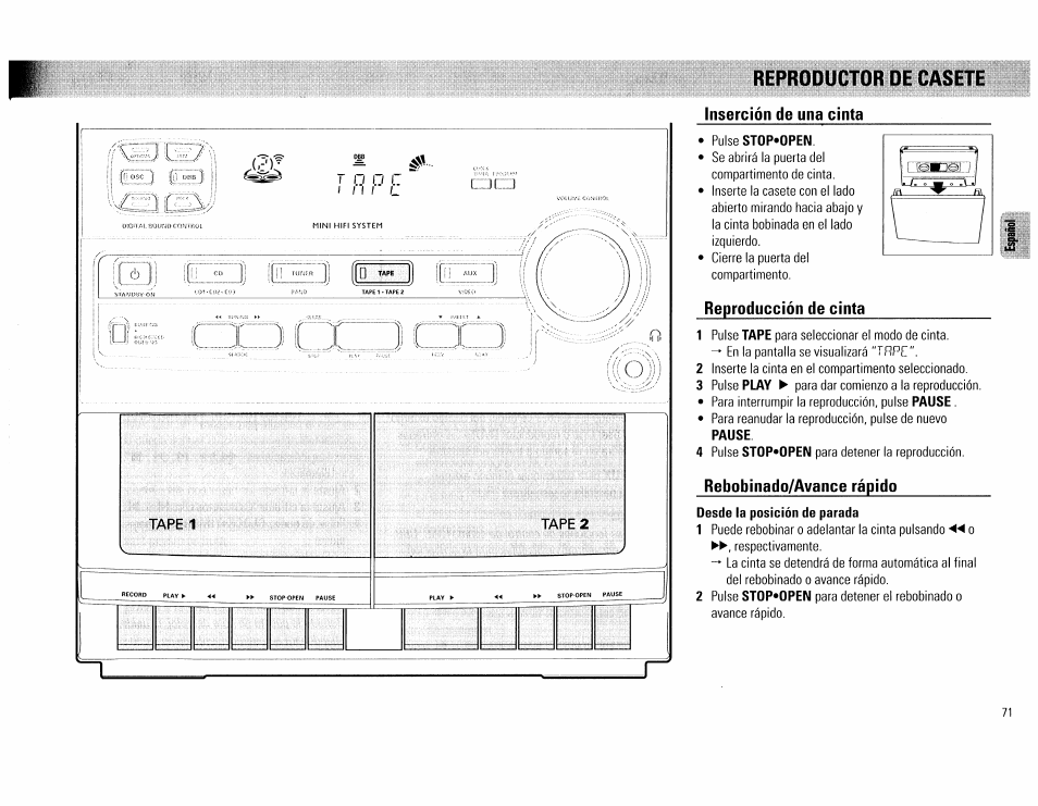 Inserción de una cinta, Pulse stop*open, Reproducción de cinta | Rebobinado/avance rápido, Desde la posición de parada, Reproductor de casete | Philips FW62C User Manual | Page 71 / 80