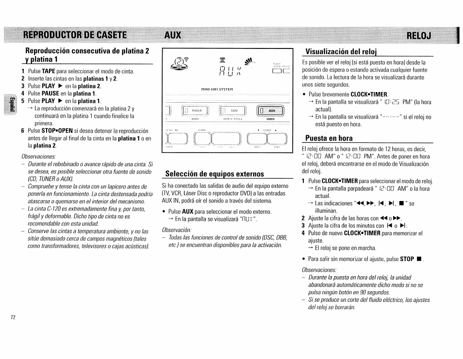 Reproducción consecutiva de platina 2, Platina 1, Selección de equipos externos | Visualización del reloj, Puesta en hora, Reproductor de casete aux reloj | Philips FW62C User Manual | Page 72 / 80